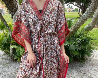 Boho Maxi Kaftan Dress, Red Paisley Printed Caftan, Beach Cover Up, Bohemian Clothing, Lounge wear L-XL