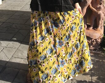 Bohemian Maxi Skirt, Yellow Flared Maxi Skirt, Summer Beach Skirt, Floral Printed Long Skirts M/L