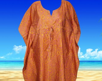 Women Recycled Sari Kaftan Dress, Orange Pink Paisley Print, lounge wear, Resort Wear, Midi Kaftan Dress, Beach Cover up L-4XL,One size