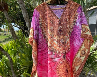 Women's Cruise Kaftan Maxi Dress, Boho Maxi Dress, Beach holidays, Resort Wear, Lounger, Pink Georgette Printed Flowing Caftans, 3XL