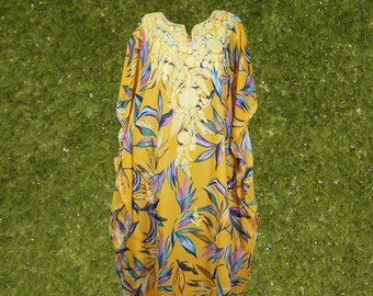 Cruise Maxi Dresses, Womens Caftan Sheer Dress, Yellow Embroidered Kaftan Dress, Travel Summer Beach Maxi Dresses, L-4XL One size