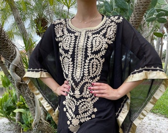 Womens Black Sheer Kaftan Dress, Gold Floral Embroidered Dress, Resort Travel Cruise Beach Dress L