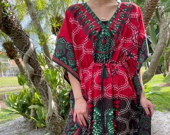 Muumuu Womens Kaftan Maxi Dress, Beach Maxi Dress, Butterflies Rich Cherry Red Printed Kimono Caftan, One Size L-2XL