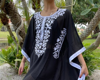 Womens Short Kaftan Dress, Midnight Black Caftan, EL DIABLO Floral Embroidered Georgette Sheer Beach Dress L