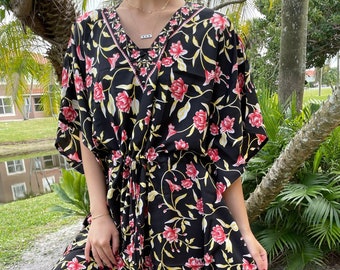 Womens Maxi Kaftan Dress, Black Floral Printed Loose Caftan, LA SEVILLE, Cruise Caftan, Comfy Kimono Long Kaftan Dresses 2XL