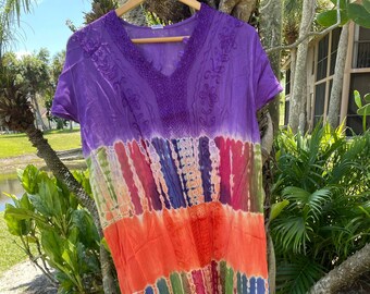 Womens SUMMER Dress, Midi Dress Beach Cover Up Tie Dye Colorful Boho Style Dresses ML
