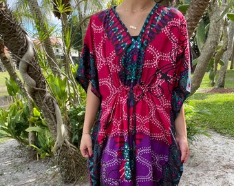 Womens Kaftan Maxi Dress, Deeply Decadant Fuchsia Butterfly Print Dresses, Butterfly Garden Kimono Style Flowy Beach Kaftan 2XL
