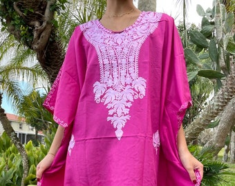 Womens Kaftan, Midi Dresses, Flawless Deep Pink, Loose Caftan Dresses, Floral Embroidered Kaftan Dress, One size L-4XL