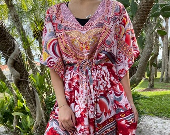 Womens Kaftan Maxi Dress, Fierce Scarlet Red Jewel Print Dress, AMERICANO, Holiday Dress, Beach Cover up, Gift, Caftan L-2XL