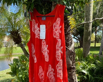 Womens Summer Dresses, Red Batik Print Sleeveless Dress, Lightweight Embroidered Flare Lovely Summer Beach Dress XL