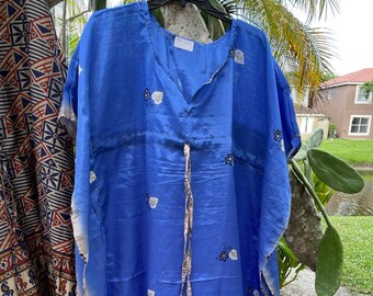 Womens Maxi Kaftan Dress, Fall Fashion Recycle sari  Blue Gray Printed Caftan, Bikini Cover up loose Dress L-2XL One size