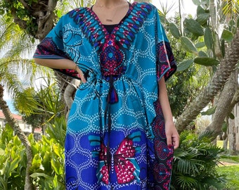 Womens Kaftan Maxi Dress, Royal Va-Va Blue, Printed Kaftan, BUTTERFLY Garden Lounger, Beach Dress, Vacation, Kaftan 2XL