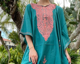 Womens Kaftan, Midi Dresses, Vintage Teal Blue, FIREWORKS MARGARITA, Loose Caftan Dresses, Floral Embroidered Kaftan Dress, One size L-4XL