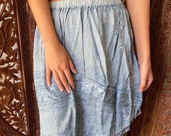 Women's Boho Skirt, faded blue Stonewash Short Skirt, Fringe Tassel Embroidered Bohemian chic Skirts M