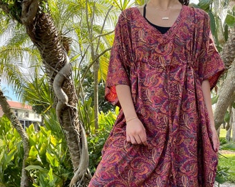 Women's Maxi Caftan Dress, Silk Paisley Print Dresses, Dusty Rose Red Lounger, pippa holt kaftans, Cover Up Beach Dress,  L-3X One size