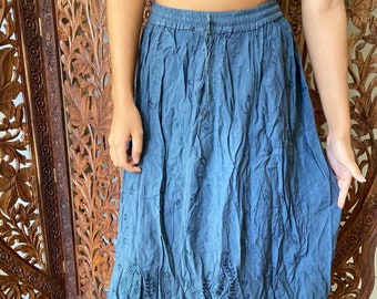 Women's Maxi Skirts, Vintage Blue Boho skirts, Embroidered  Hi Low Skirt, Casual Flare Boho Skirt M