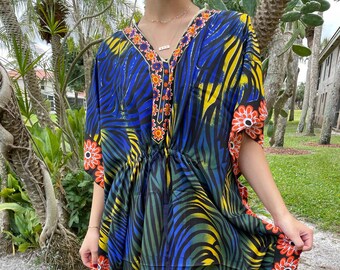 Womens Maxi Kaftan Dress, Lapis Blue Printed caftan Dresses, Handmade gift Hippie Style Maxi, Loose dress, Boho gift L-2XL