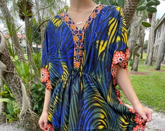 Womens Maxi Kaftan Dress, Deep Royal Blue, Black Pinted caftan, Hippie Style Maxi, Loose dress, Boho gift L-2XL