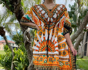 Womens Summer Kimono, Caftan Dress, Oversize Travel Dress, Orange, Beach Festival Tunic, Bohemian Kaftan, BUY 1 GET 1 FREE, L-2XL