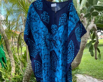 Womens Caftan Maxi Dress, Blue Batik Print Fall Dress, Cotton Cover up Maternity Kaftan L-3XL