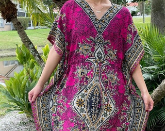 Womens Kaftan Dress, Deep Berry Violet Maxi Dress, FROZEN MARY Cruise Party dress, Kaftan, Beach wear, Holiday dress, Printed dress L-2XL