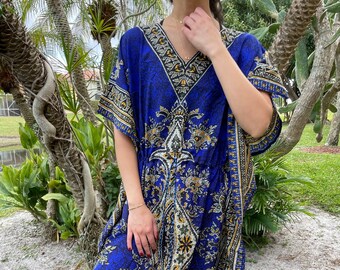 Womens Kaftan Maxi Dress, Deep Royal Blue Printed, VIEUX CARRÉ, Resort wear, One size L-2XL