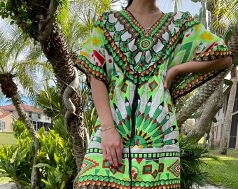 Womens Green Boho Kaftan, Short Handmade Hippie Caftan, Beach Cover up, Oversize Summer Travel Resort Wear Kaftan Dresses L-2XL