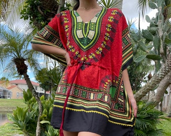 Indian Short Summer Kaftan Dress, Red Dashiki Print, Hippie Style A Line Tunic Top, Women Kimono Robes, Ethnic Caftan, L-2XL