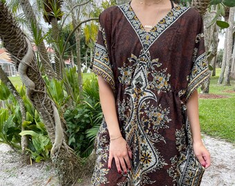 Womens Kaftan Maxi Dress, Deep Dark Blackened, Print Maxi Gown, LONG ISLAND ICED Tea, Muumuu Asian Inspired, One Size, L-2XL