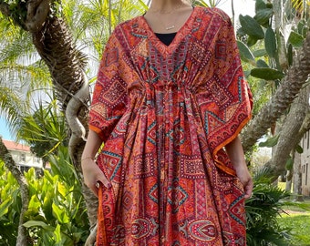 Womens Maxi Kaftan Dress, Muted Orange-Red Floral Printed Dresses, BELLINI, Beach Cover Up, GIFT, Resort Wear L-3X One size