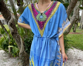 Women's Kaftan Maxi Dress, Resort Wear, Boho kaftans, Cornflower Blue Floral Prints, Loose Travel Dress Caftan L-2XL