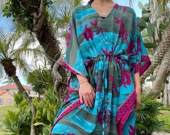 Womens Maxi Kaftan Dress, Blue Orchid, Purple Floral, Cruise  Boho Flowy Dresses, Lounger, Beach Vacation Dress, Boho Gift L-XL