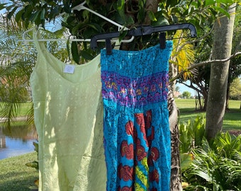Womens Boho Hippie Green Tank Top, Strap Top With Mandala Print Baggy Pant, 2PC Bohemian Festival Fashion S/M