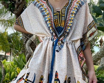 Oversized Womens Short Kaftan, Dashiki Print Beach Dress, Handmade Bone White Hippie Caftan, Travel Cruise Dresses L-2XL