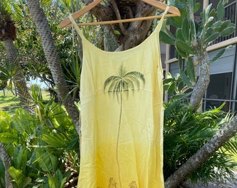 Women's Sleeveless Strap Hippie Beach Dress, Yellow Tropical Printed Boho Chic Tank Summer Dresses S/M