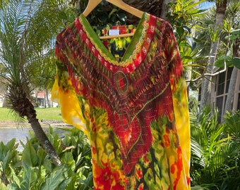 Womens Caftan Dress, Knee Length Printed Beach Bikini Cover Up Sheer Georgette Green Yellow Bohemian Caftan Dresses 4X