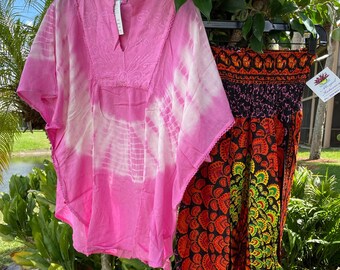 Womens Loose Beach Tunic Pink Tie Dye Comfy Kimono Sleeves Top, With Orange Mandala PRINT Harem pants, Boho Chic Style SM, 2pc set