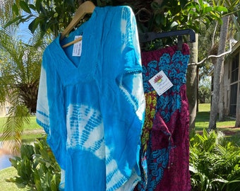 Womens Loose Tunic Blue Tie Dye Kimono Top, With Yoga Pants Printed Front Pockets Loose Casual Pants S/M 2pc set