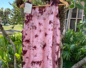 Womens Tie-Dye Tank Dress, Sleeveless Shift Dress Pink Brown Embroidered Flowy Holiday Beach Fashion Dresses M