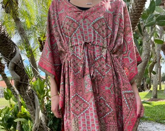 Womens Maxi Kaftan Dress, Blush Coral Olive Green Printed, Butter Silk Dress, Beach Cover Up, Cruise Kaftan, Lounger Dresses L-3X One size