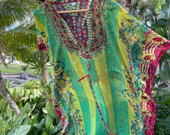 Women's Kaftan Maxi Dress, Beach holidays, Resort Wear, Lounger, Blue Yellow Georgette Printed Caftans 4X