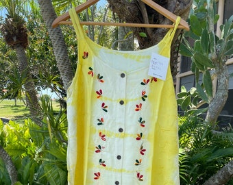 Womens Strap Dress, Sundress, Embroidered Sleeveless Front Button Gypsy Chic Summer Beach Dresses M