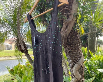 Women Tank Dress, Strap Dresses, Sequin Embroidered Black Sleeveless Beach Bohemian Hippie Dresses S/M