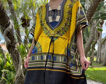 Handmade Kaftan, Yellow Dashiki Print Kaftan, Gifts for her, Resort wear, Swim wear, Beach cover up, Gifts for her L-2XL