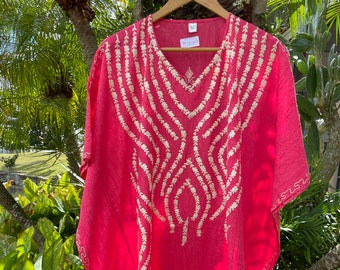 Womens Caftan Dress, Coral Pink Embroidered Midi Loose Dress, Summer Boho Comfy Beach Cover Up, Housedress, Cotton Caftan Gift For Mom L-2X