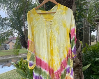 Dresses For Woman Tie Dye Flare Sundress, Printed Long Sleeves Beach Cover Up, Resort Wear, Casual Umbrella Dress XL