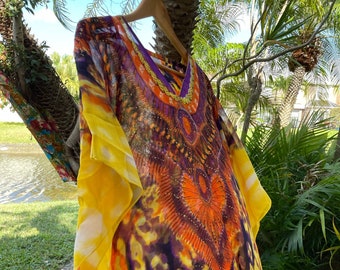 Womens Caftan Dress, Yellow Print Kimono Sleeve Georgette Beach Cover Up Resort Wear 4Xl