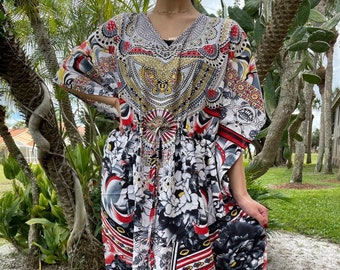 Womens Maxi Kaftan Dress, White Red Velvet Martini Caftan Dresses, Loose Cover up, Boho Beach Gift, Lounge Wear L-2XL