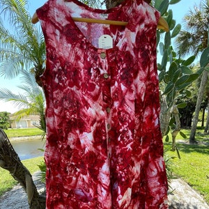 Womens Beach Dress Red Tie Dye Style Button Front  Bohemian Flared Summer Dresses L BUY 1 GET 1 FREE