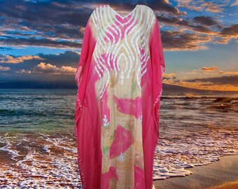 Pink Sheer Kaftan Maxi Dress, Summer Beach Dresses, Embroidered, Travel Long Dresses, Cruise Caftan Dress L-4X, One size